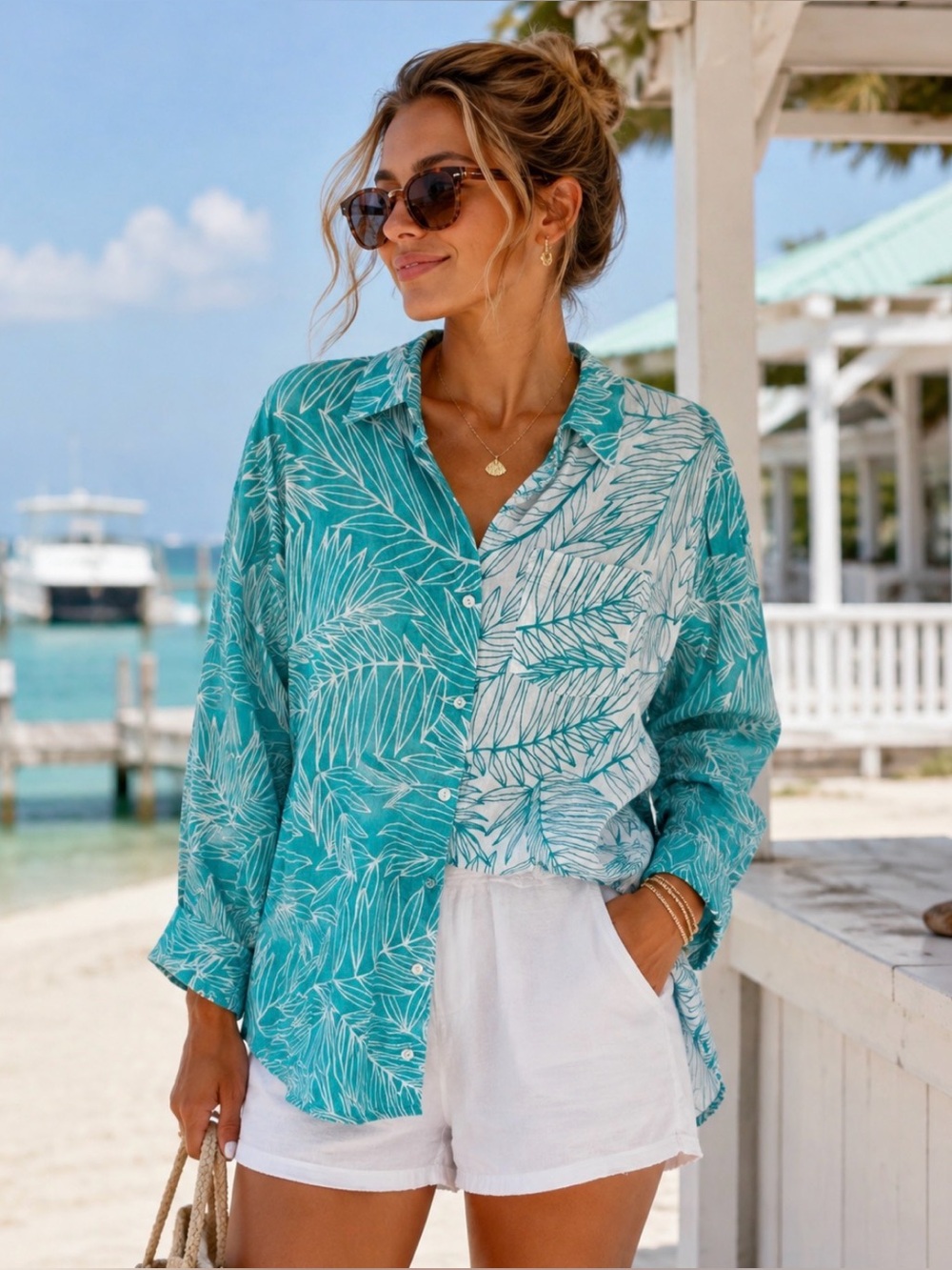 Kikisol Womens Button Down Shirt L 100% Cotton Palm Tree Boho Art Tropical Beach